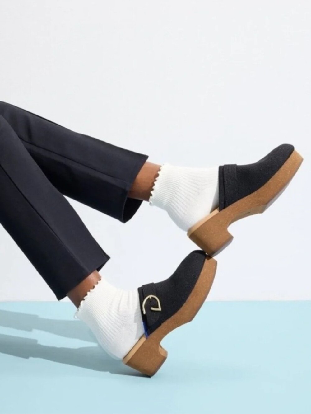 Rothy's Original Black Mules with Brown Cork Platform Sole and Gold Accent